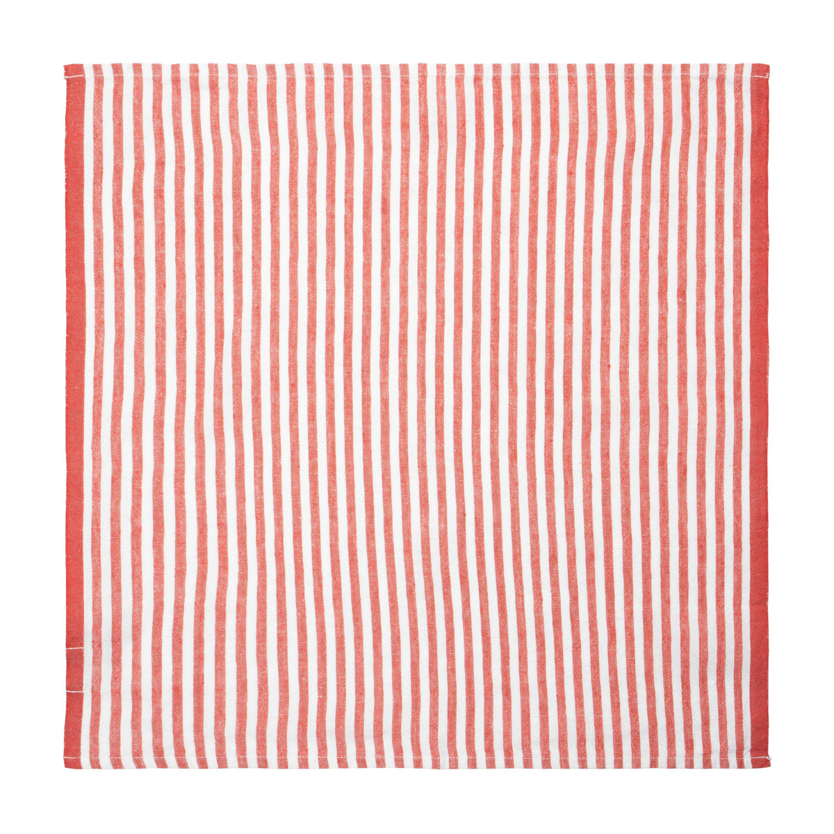Front view of Ticking Stripe Napkin in Tomato, Set of 4 showcasing red and white vertical stripes on a white background
