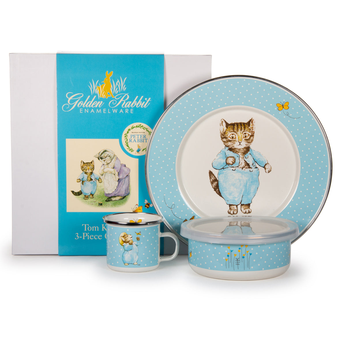 Front view of Tom Kitten Child Set showcasing blue polka dot enamel mug bowl and plate with cat illustrations and packaging