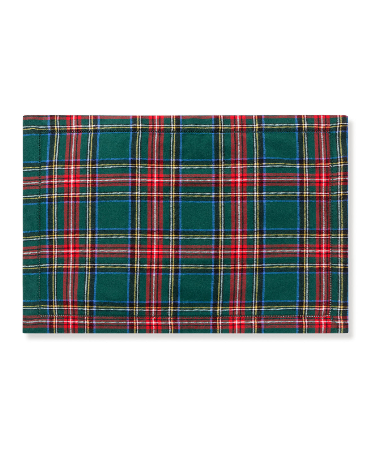 Front view of Signature Twill Placemats in Kensington Tartan showcasing green tartan cotton twill on a white background