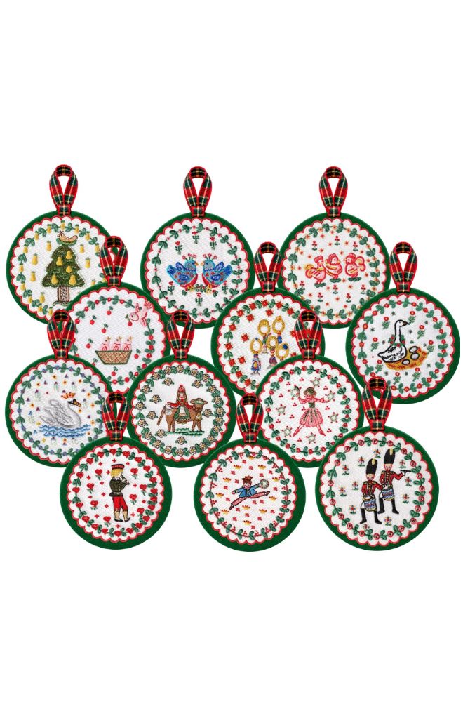 12 Days of Christmas Embroidered Ornament Set, Set of 12