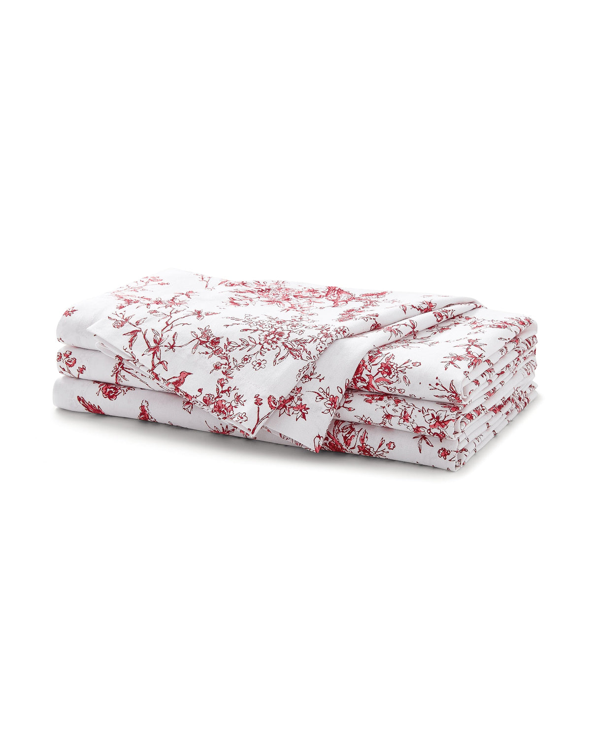 Front view of Signature Twill Napkins in Red Timeless Toile showcasing floral pastoral print with a white background