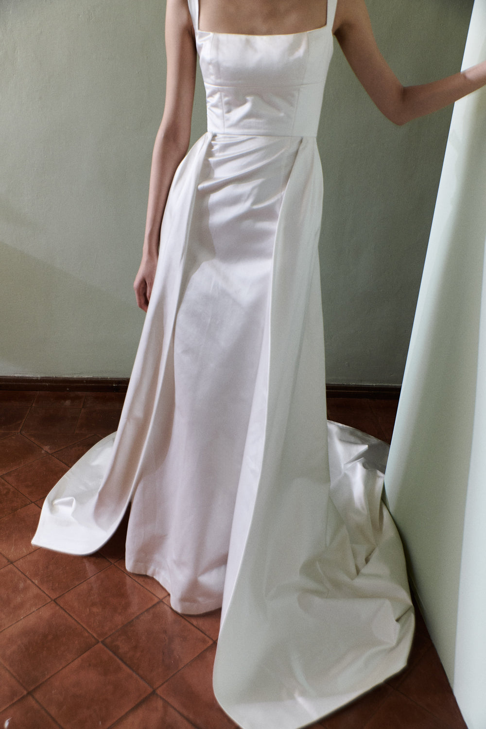Satin Column Gown with Cascading Side Ruffle Fuchsia
