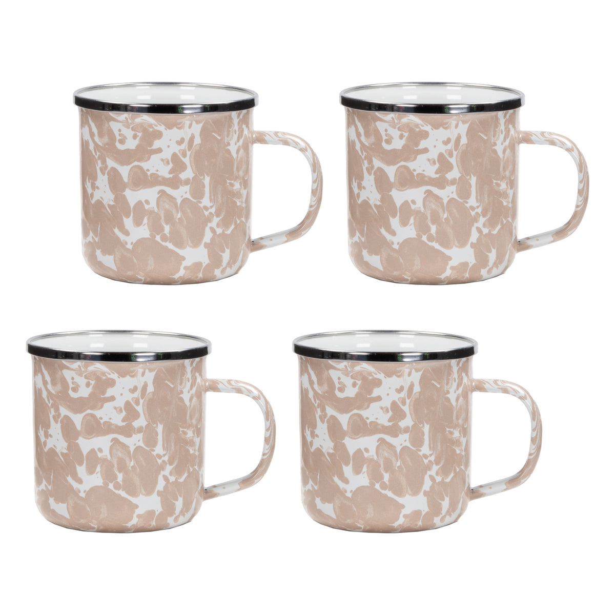 Front view of Adult Mugs in Taupe Swirl, Set of 4 showcasing porcelain enamel and stainless steel trim on white background