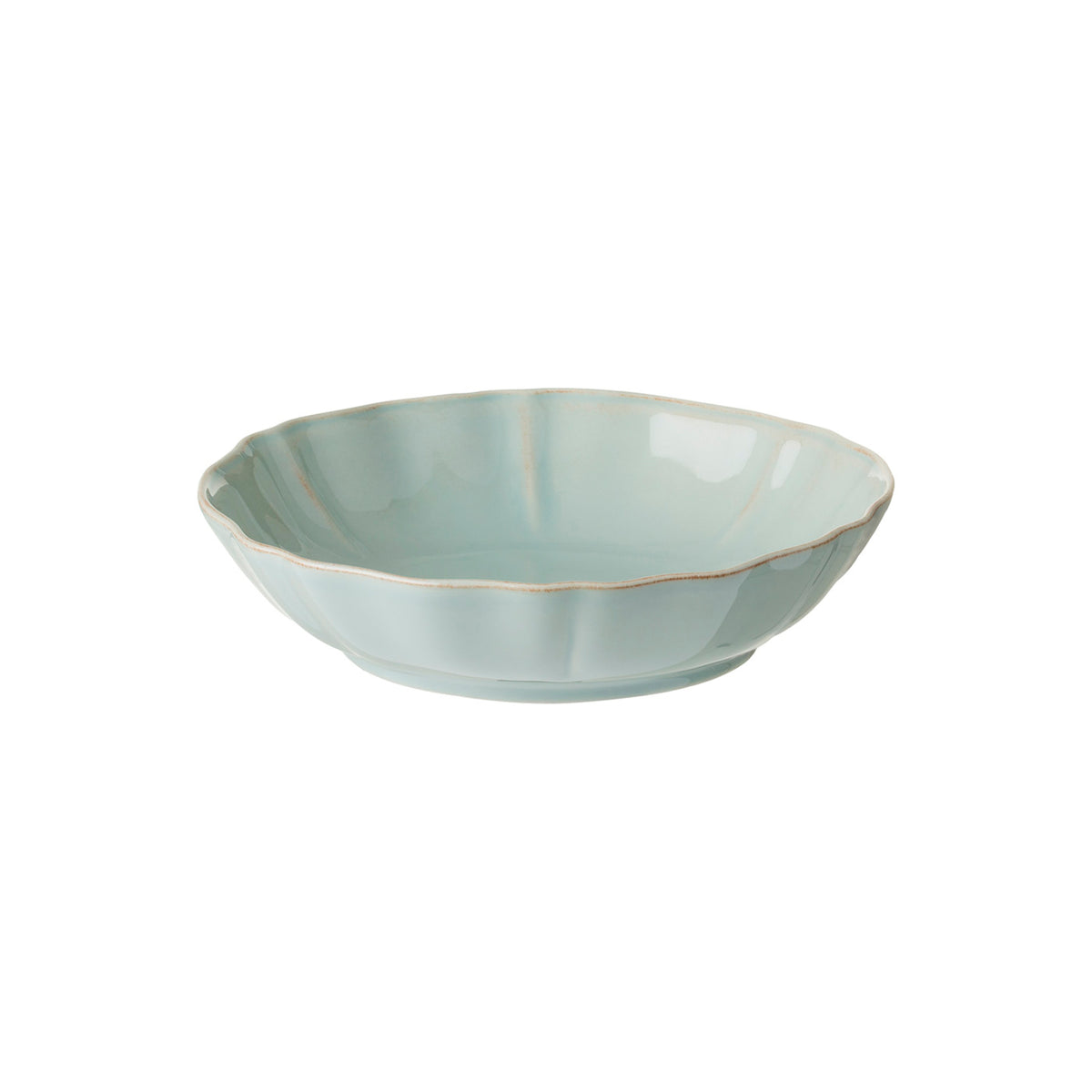 Front view of Alentejo Collection pasta bowl in turquoise showing scalloped rim and glossy glaze on white background