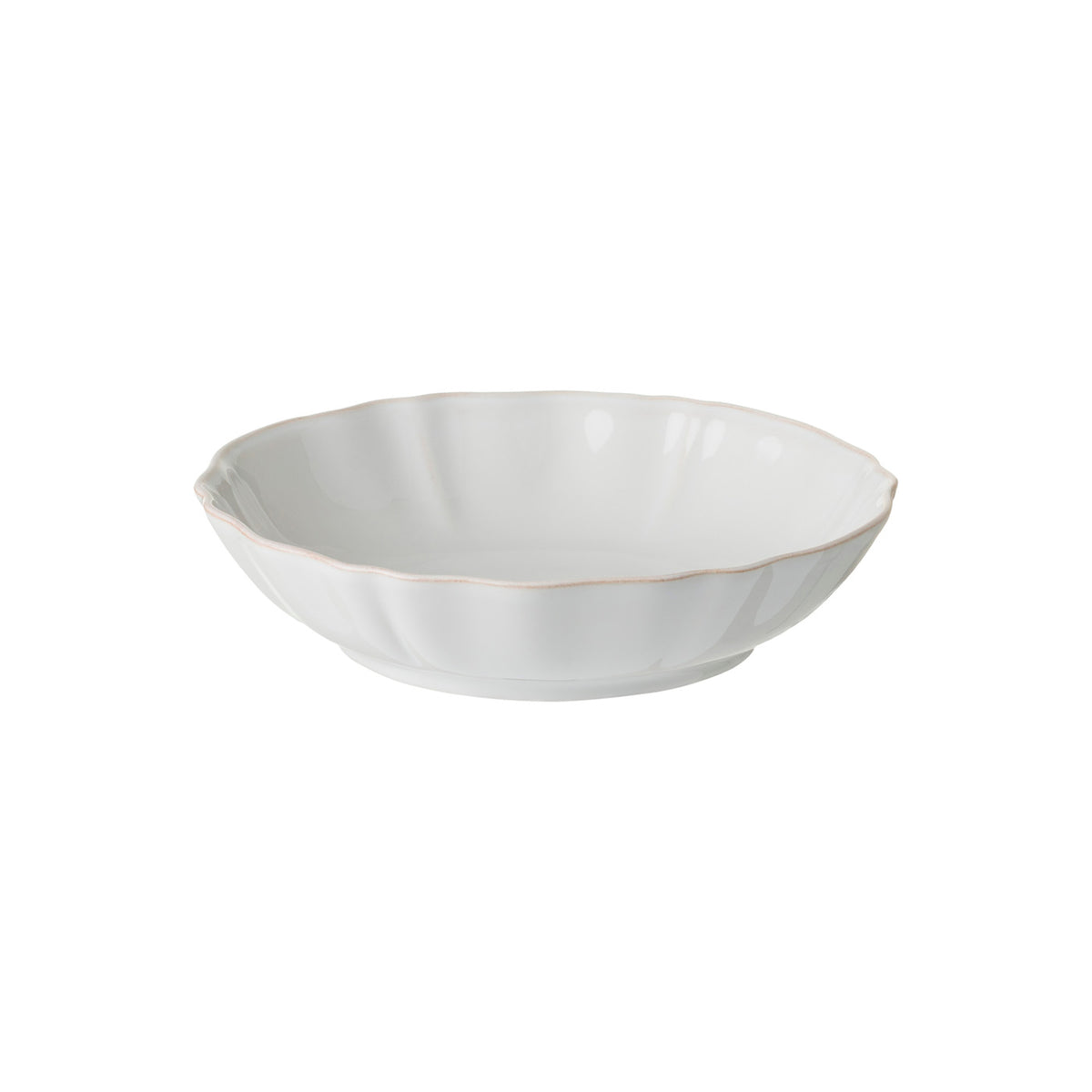 Three-quarter view of Alentejo pasta bowl showing softly scalloped rim and glossy white glaze on a white background