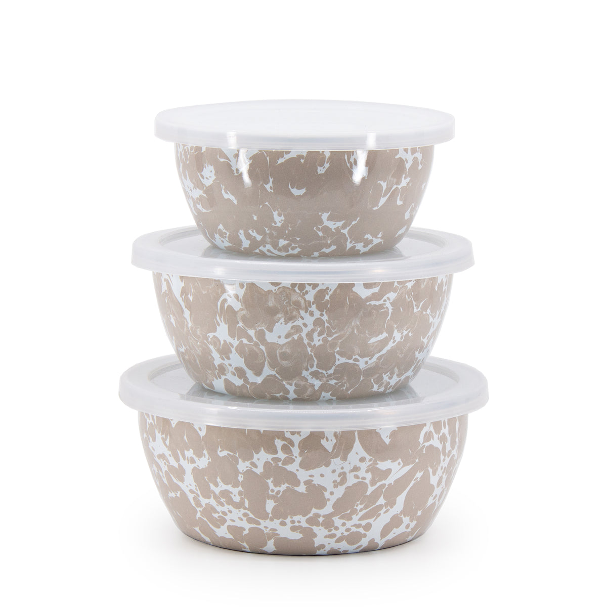 Front view of Nesting Bowls in Taupe Swirl showcasing three stacked bowls with removable lids on a white background