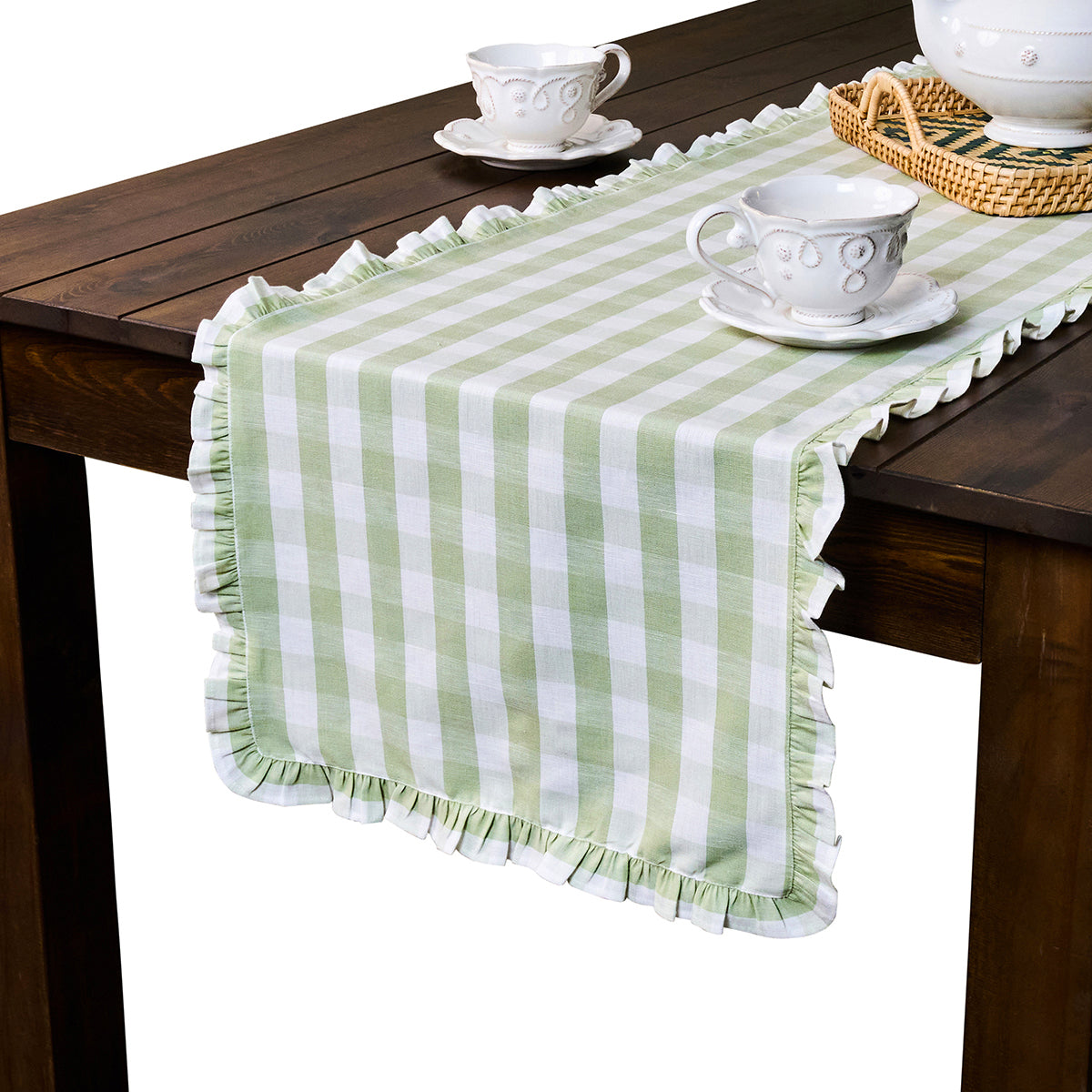 Gingham Ruffle 18" x 90" Table Runner in Seagrass