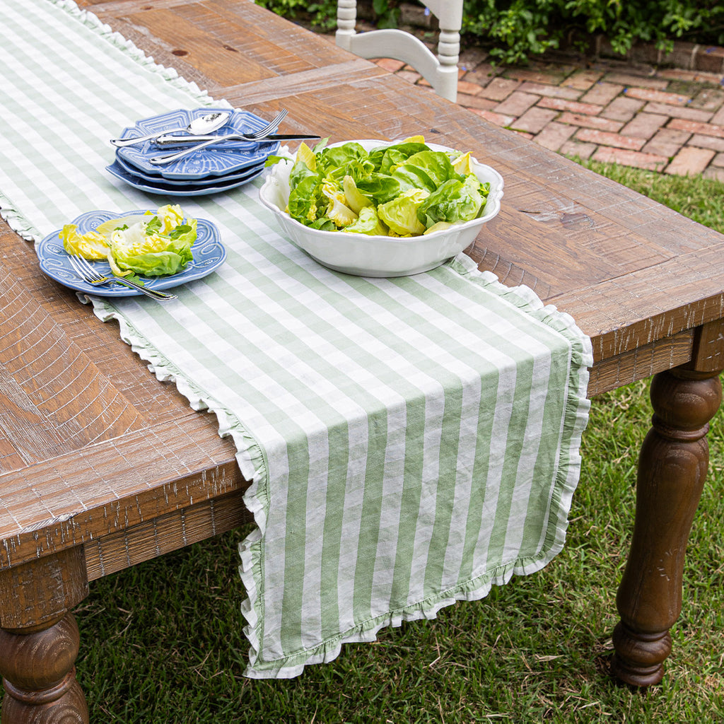 Gingham Ruffle 18" x 90" Table Runner in Seagrass