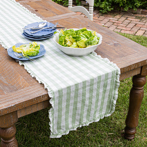 Gingham Ruffle 18" x 90" Table Runner in Seagrass