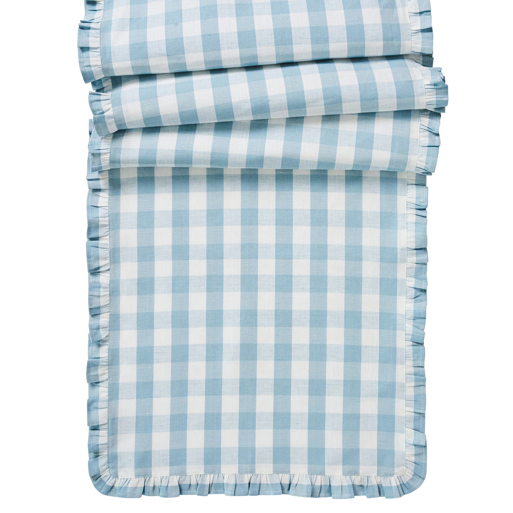 Gingham Ruffle 18" x 90" Table Runner in Ocean