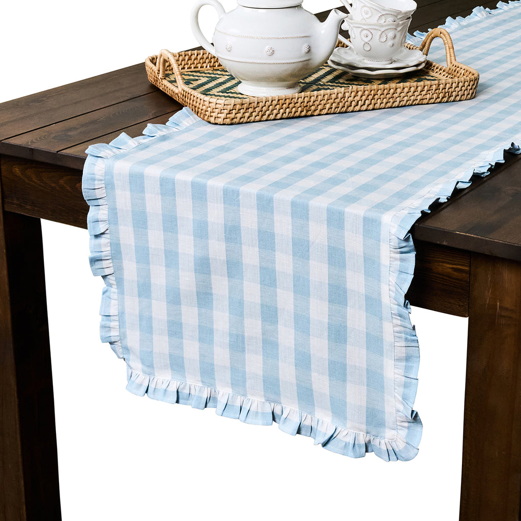 Gingham Ruffle 18" x 90" Table Runner in Ocean