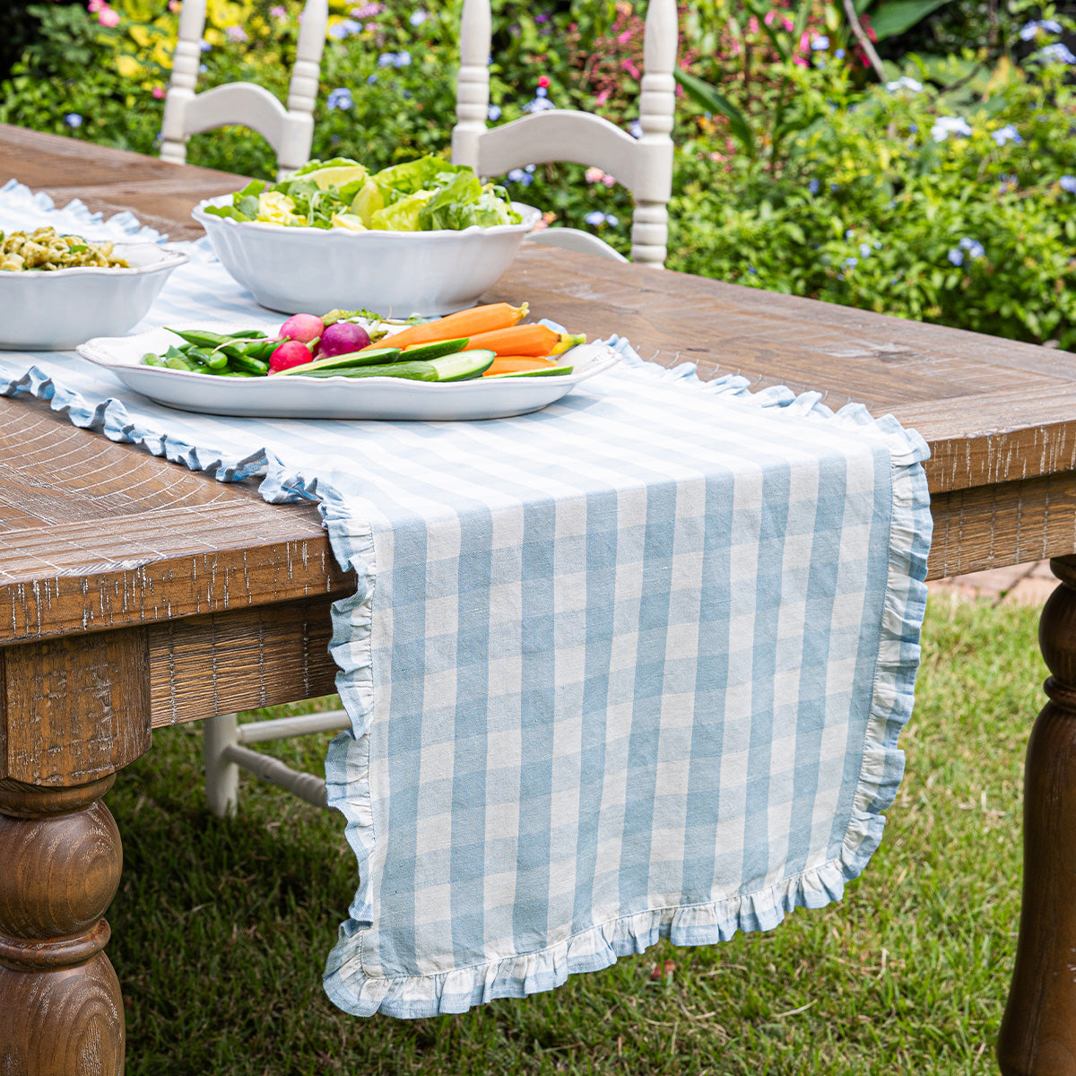 Gingham Ruffle 18" x 90" Table Runner in Ocean