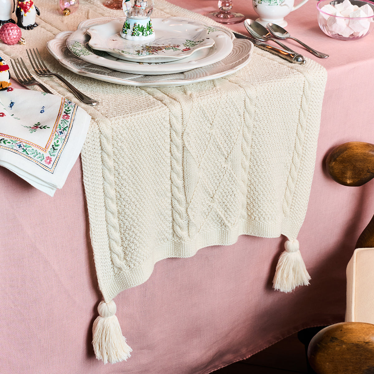 Berry & Thread Cable Knit 18" x 108" Table Runner in Ivory