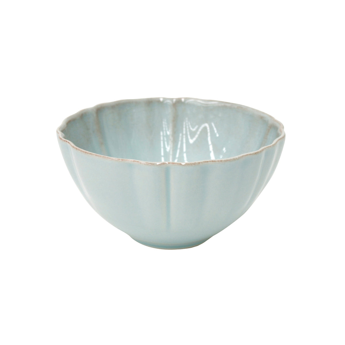 Front view of Alentejo collection cereal bowl showcasing turquoise glossy glaze and scalloped rim on white background