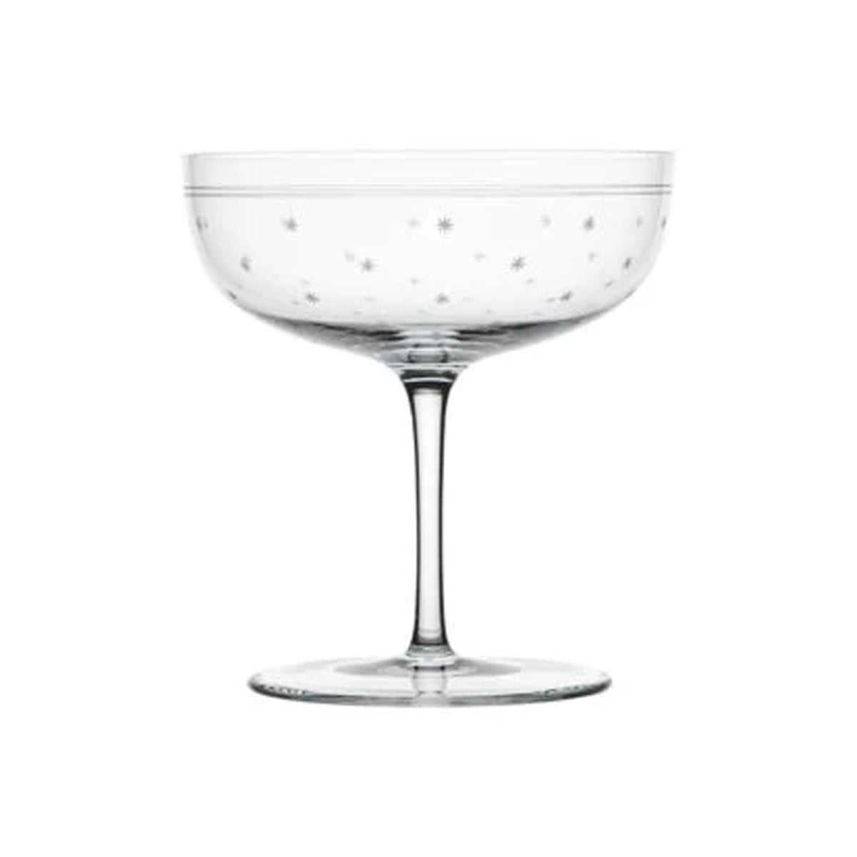 Front view of TS4ROS champagne cup showing engraved Rothschild star motif on a muslin crystal bowl against a white background