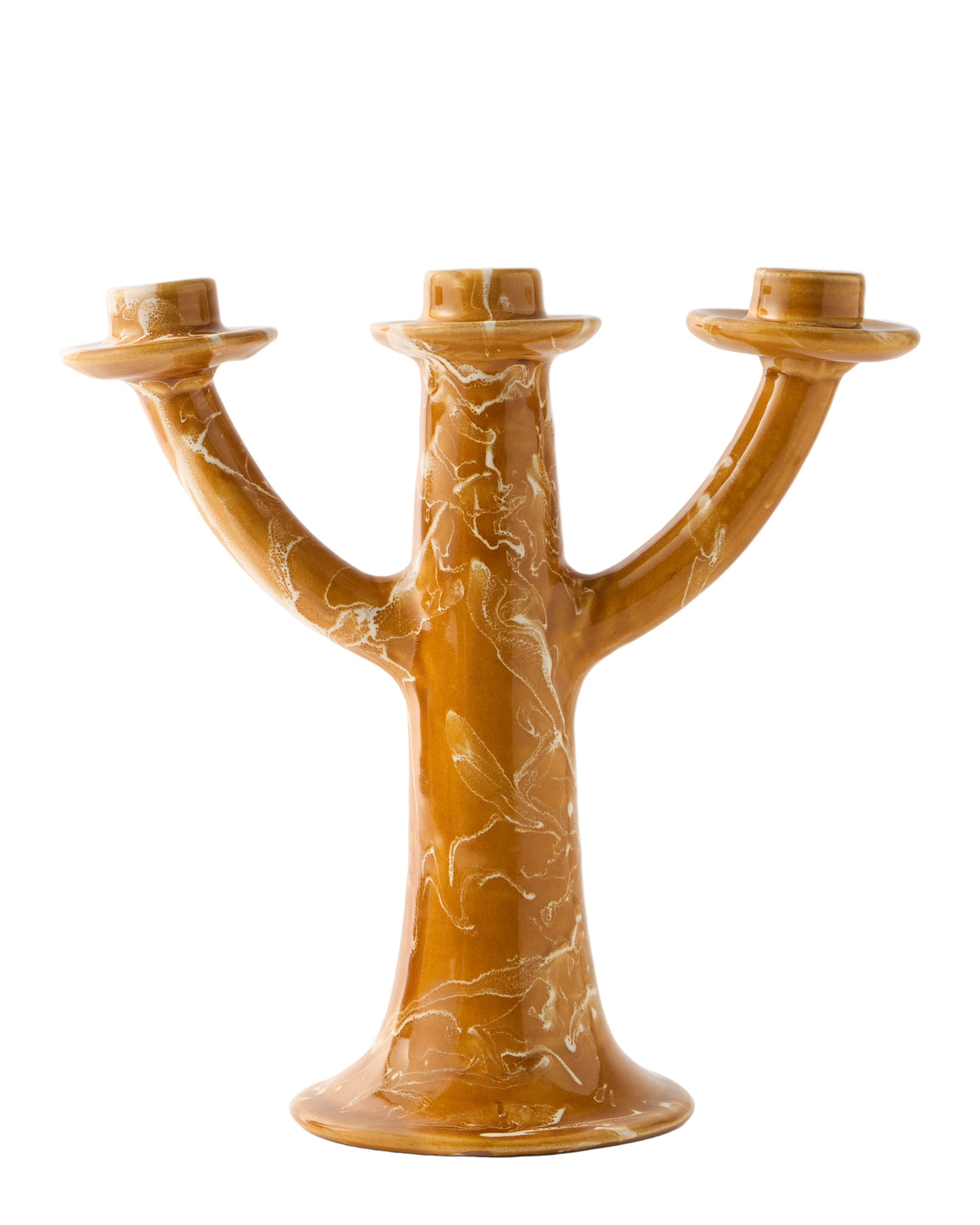 Close-up of Marbled Candelabra in Terracotta showcasing sculptural form and warm marbled finish with white background