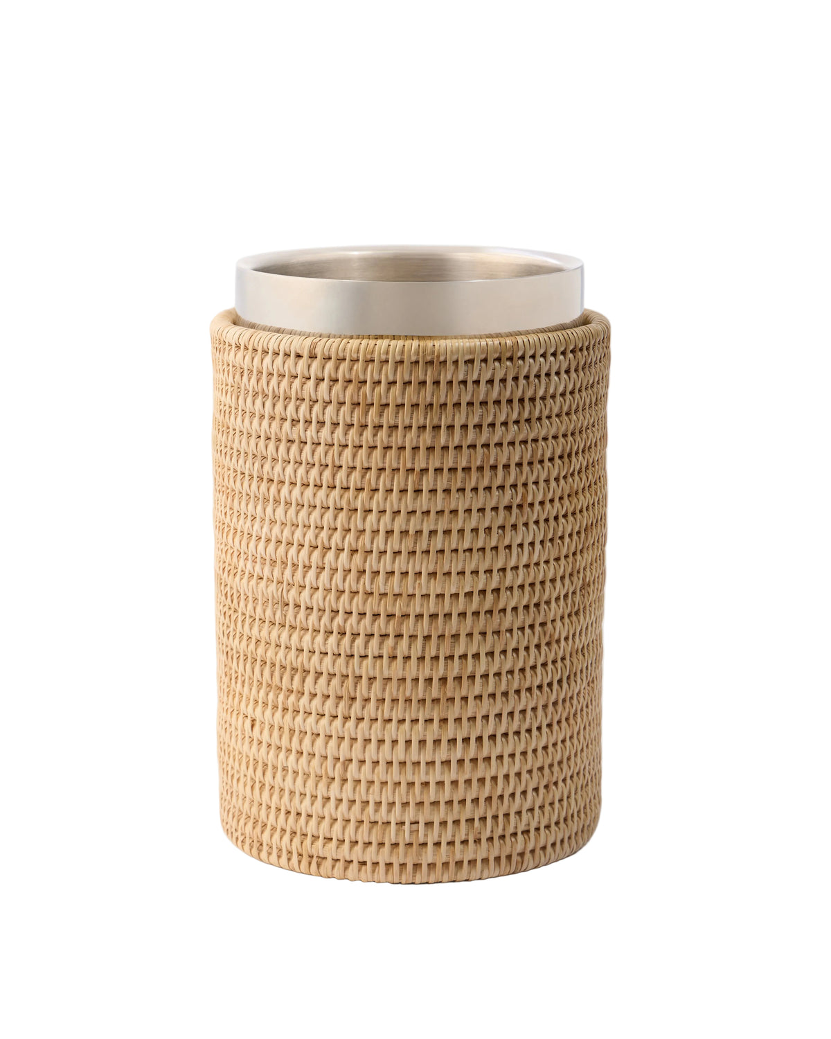 Front view of Woven Sabbia wine cooler showcasing handwoven rattan exterior and removable stainless steel insert on white background