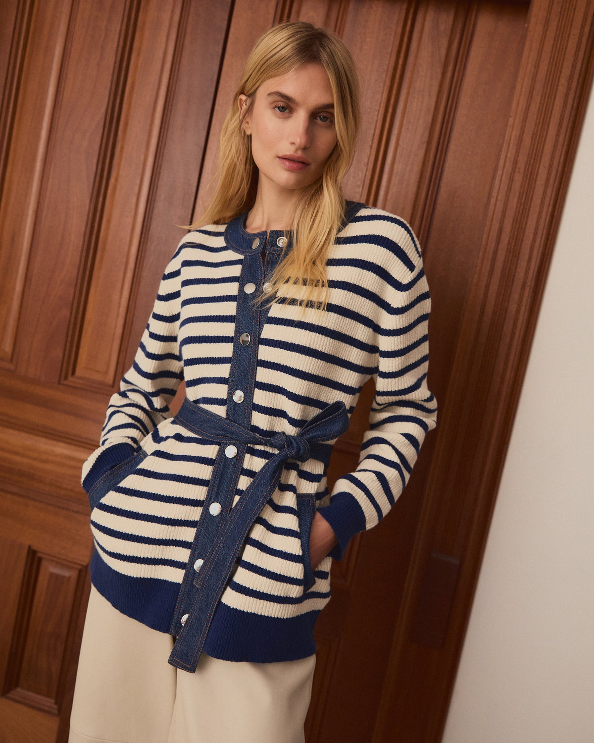 Delia Cardigan in Cream & French Blue