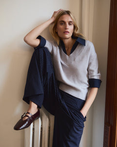 Esme Sweater Top in Light Heather Gray & Maritime Blue