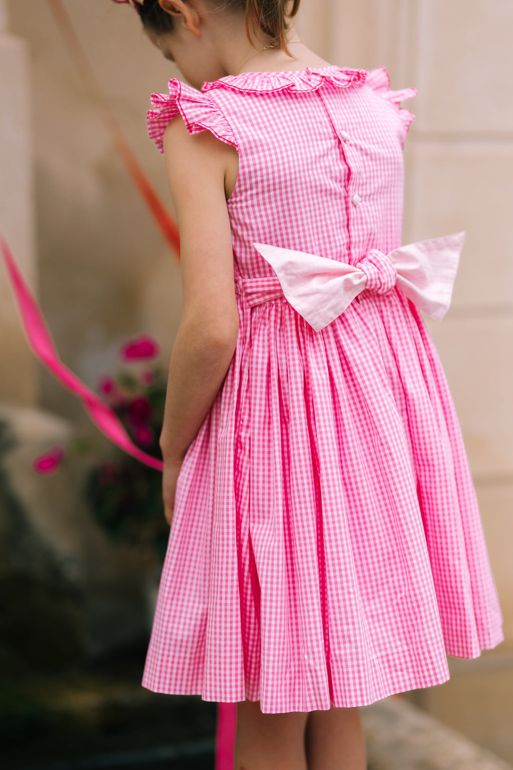 Tulip Pink Gingham Frilled Cap Sleeve Smocked Dress 6M Tulip Pink Gingham Frilled Cap Sleeve Smocked Dress 6M