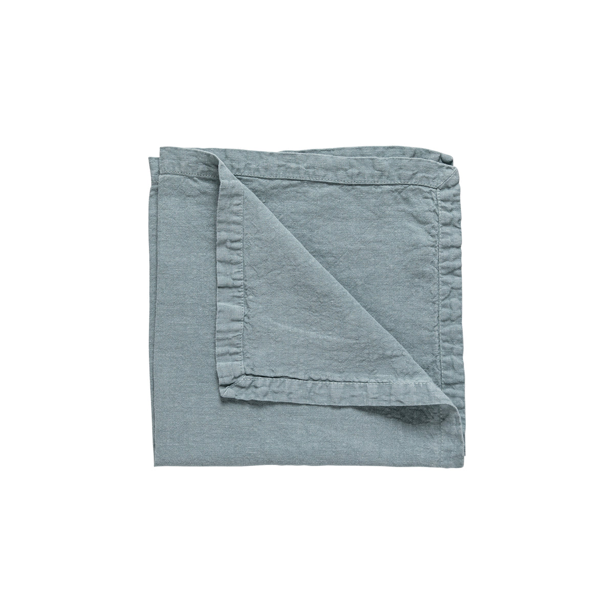 Overhead view of Maria Collection Runner in Mint showcasing linen texture and stitched edges on a white background