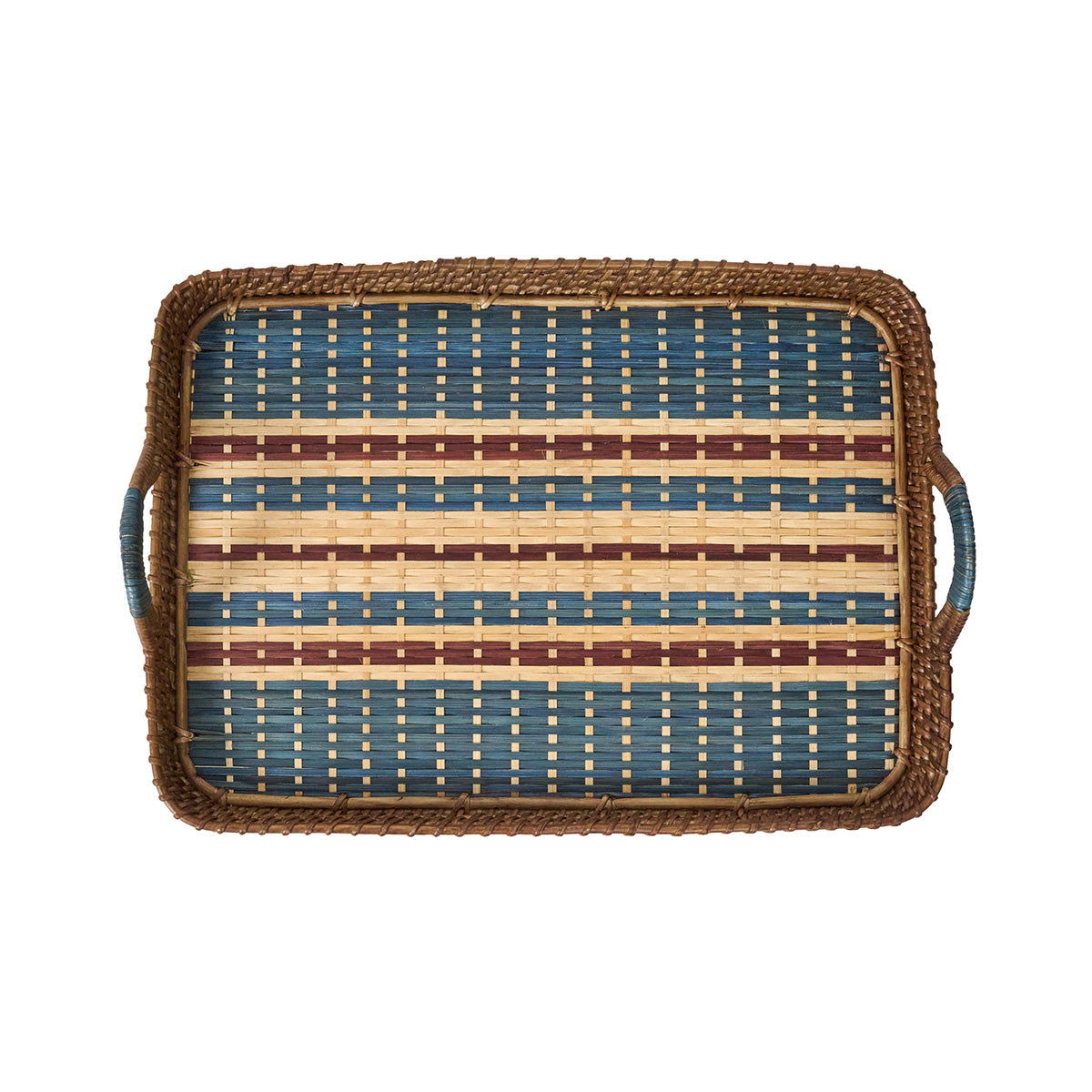Top view of Danish Stripe 18 inch Tray in Navy showcasing handwoven natural cane wood and navy stripes against a white background