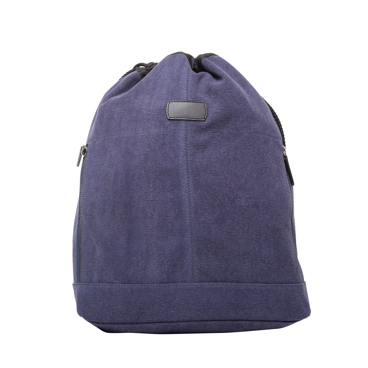 Front view of Canvas lightweight backpack with drawstring top, leather trim and exterior zip pockets on white background