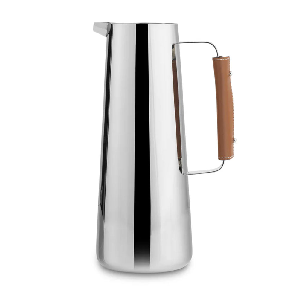 Front view of Tahoe Pitcher showcasing polished stainless steel body and removable brown leather-wrapped handle on white background