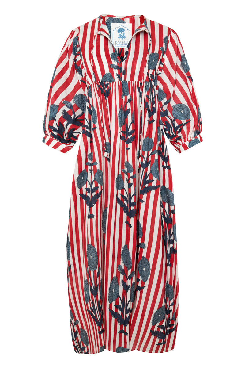 Front view of Taj Maxi Dress in Navy Flower on Red Stripe showcasing billowy sleeves and floral print on white background