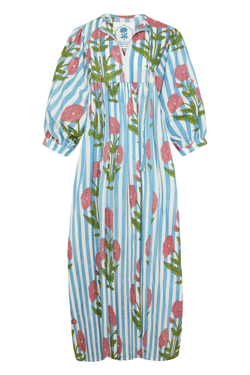 Taj Maxi Dress in Pink Flower on Blue Stripe
