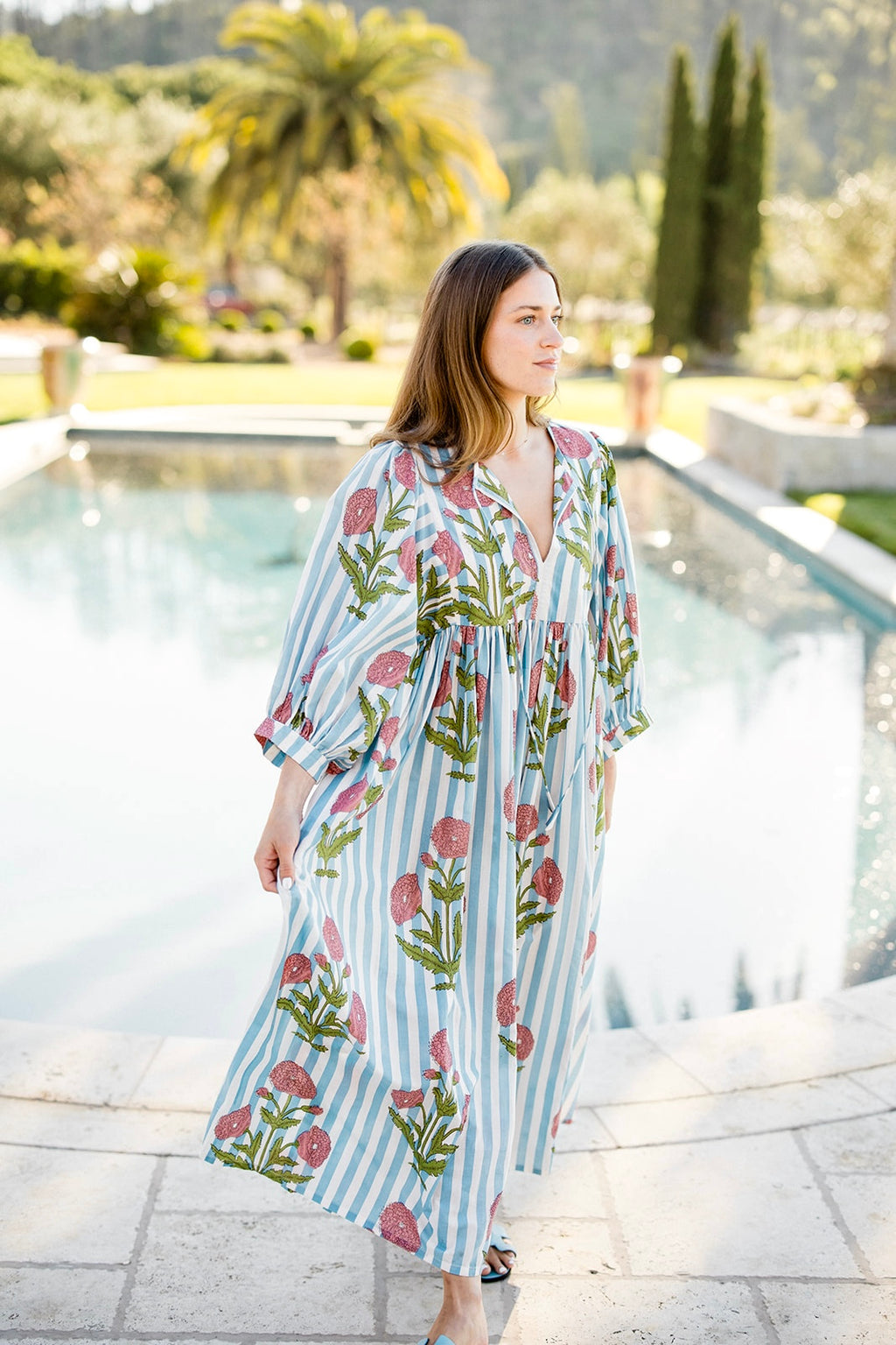 Taj Maxi Dress in Pink Flower on Blue Stripe