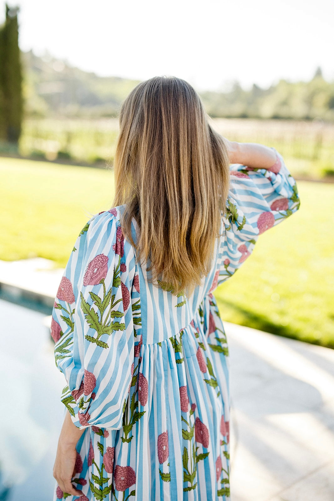 Taj Maxi Dress in Pink Flower on Blue Stripe