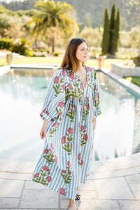 Taj Maxi Dress in Pink Flower on Blue Stripe