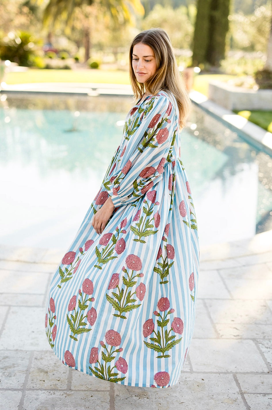 Taj Maxi Dress in Pink Flower on Blue Stripe