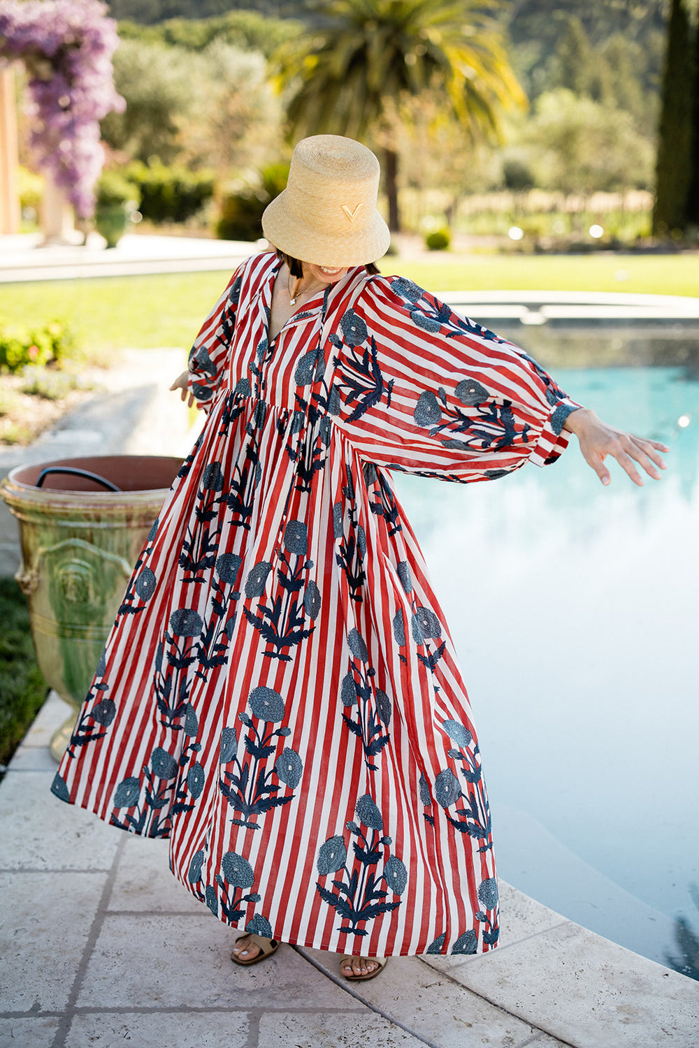 Taj Maxi Dress in Navy Flower on Red Stripe