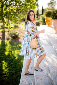Taj Mini Dress in Pink Flower on Blue Stripe