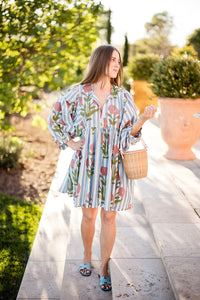 Taj Mini Dress in Pink Flower on Blue Stripe