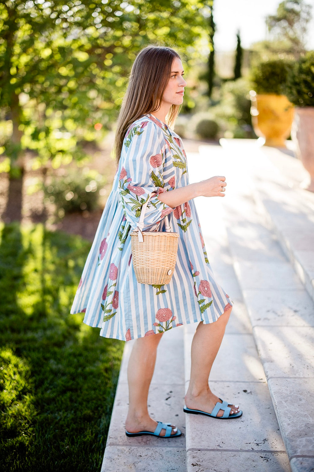Taj Mini Dress in Pink Flower on Blue Stripe