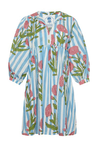 Taj Mini Dress in Pink Flower on Blue Stripe