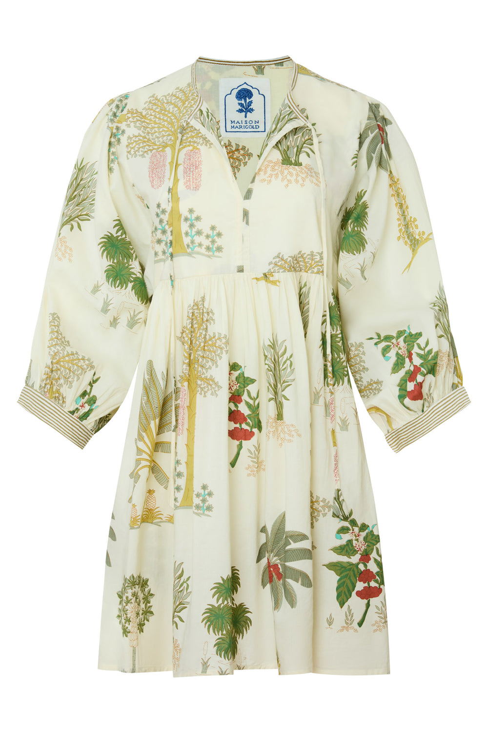 Front of Taj Mini Dress in Palm Natural with billowy 3/4 sleeves, tie neckline, and botanical print on cream background