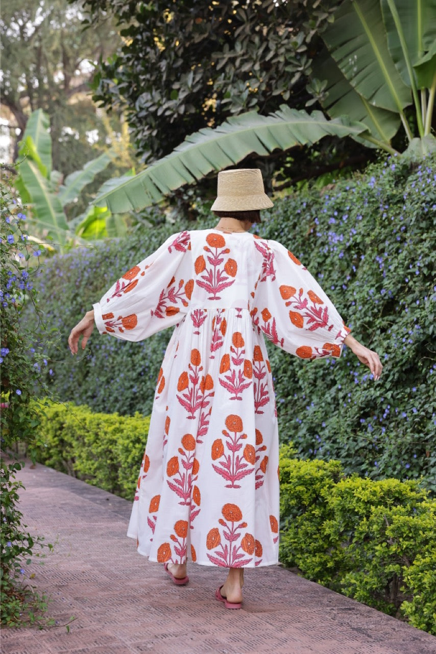 Taj Maxi Dress in Orange Pink Flower
