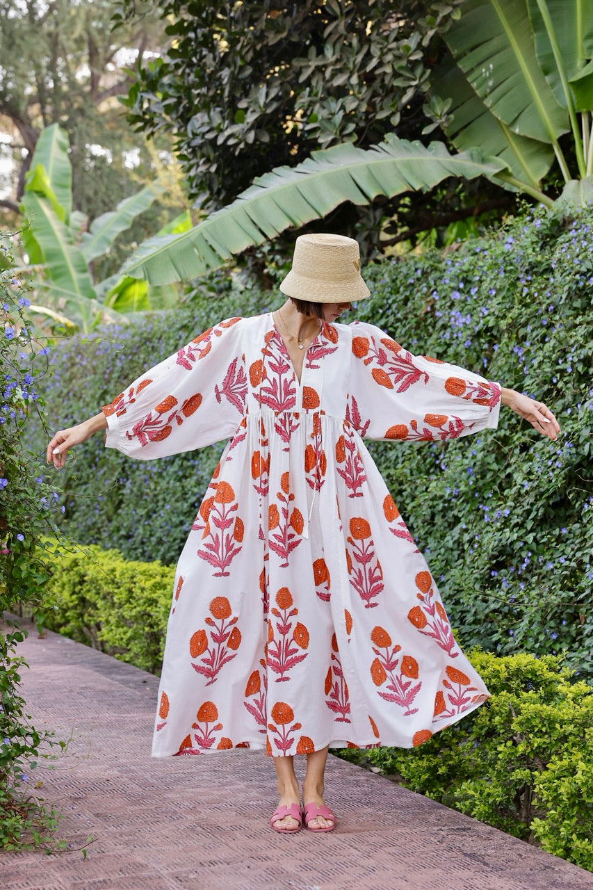 Taj Maxi Dress in Orange Pink Flower