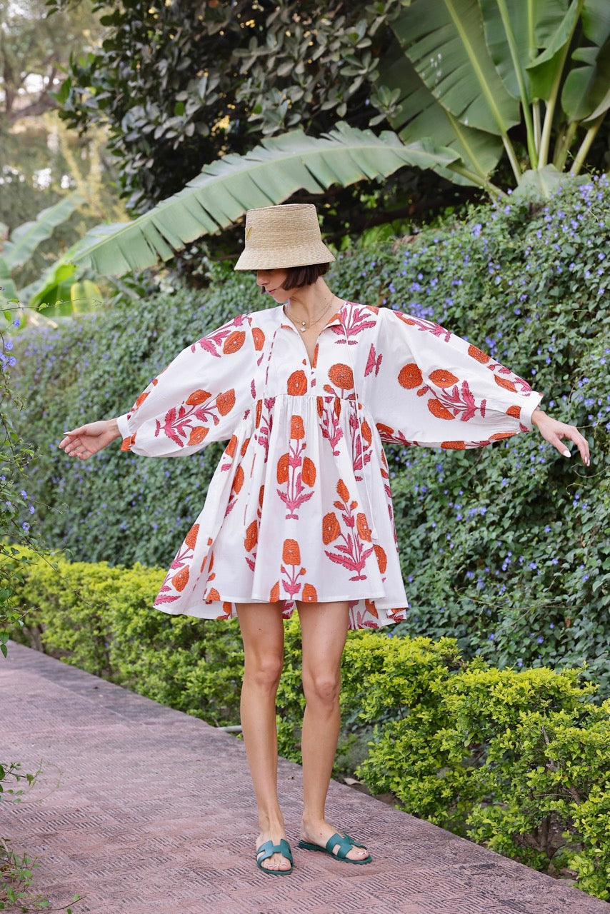 Taj Mini Dress in Orange Pink Flower