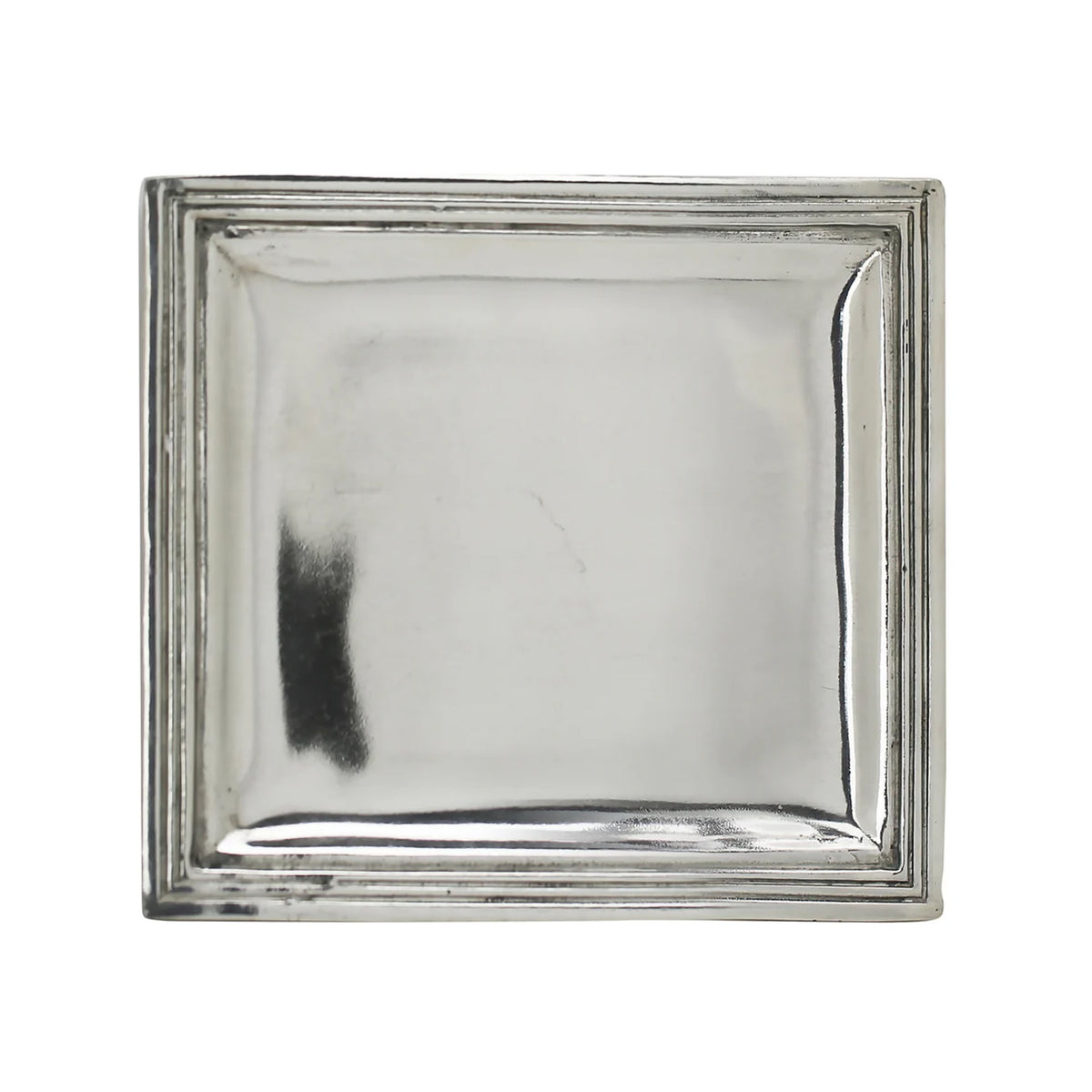 Top view of Talbot Manor Sentinel square valet tray showcasing polished pewter finish and stepped border on white background