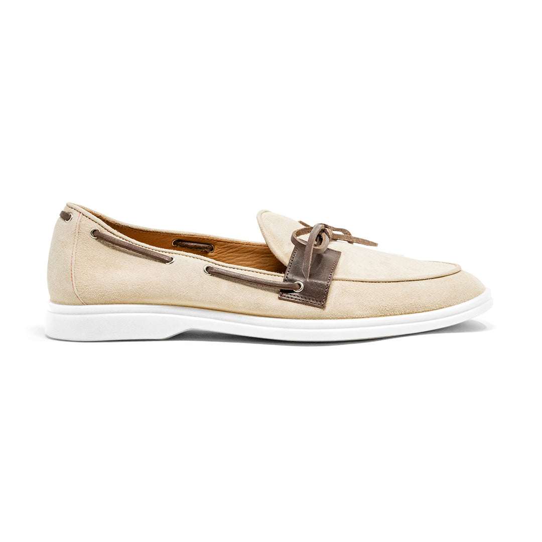 Side view of Men’s Sandstone Suede Barca Yacht Loafer showcasing replaceable laces and white rubber sole on a white background