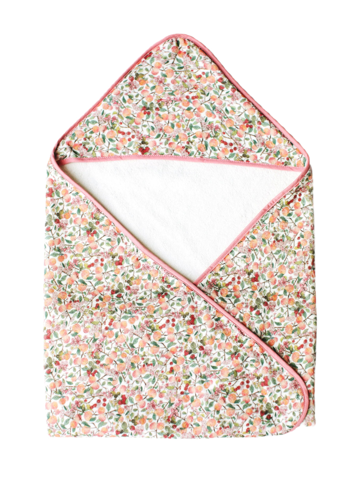 Front view of Peach Blossom Hooded Bath Towel showcasing its floral print, hood, and rosy binding on a white background