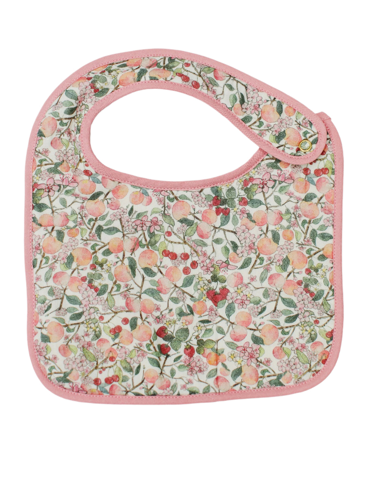 Front view of Peach Blossom Bib showcasing a floral printed muslin front, pink trim, and snap closure with a white background