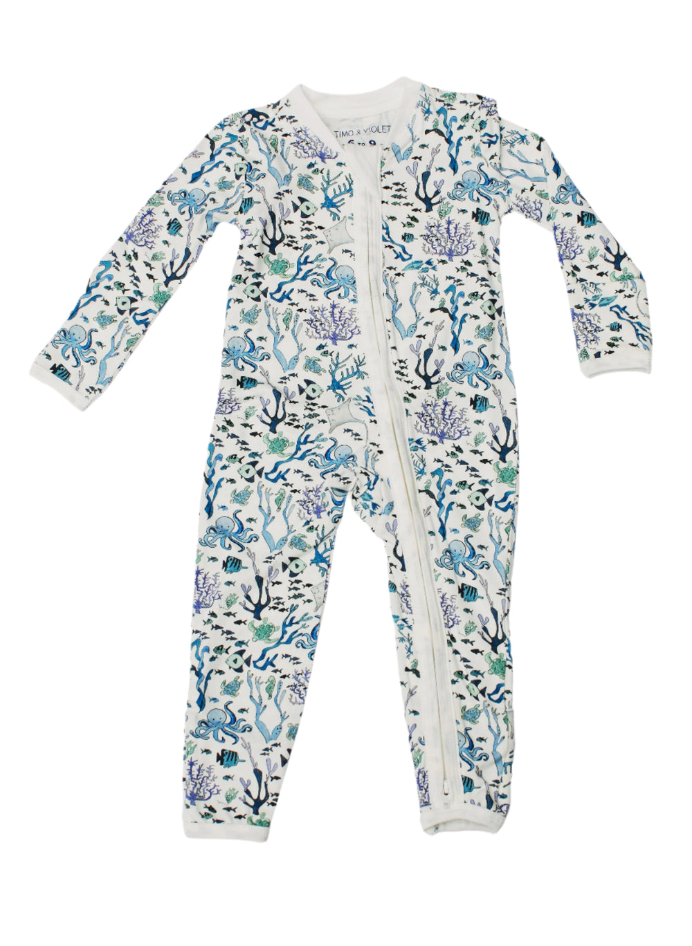 Front view of Coral Reef one-piece with all-over reef print, long sleeves, mitten cuffs, and front zipper on white background