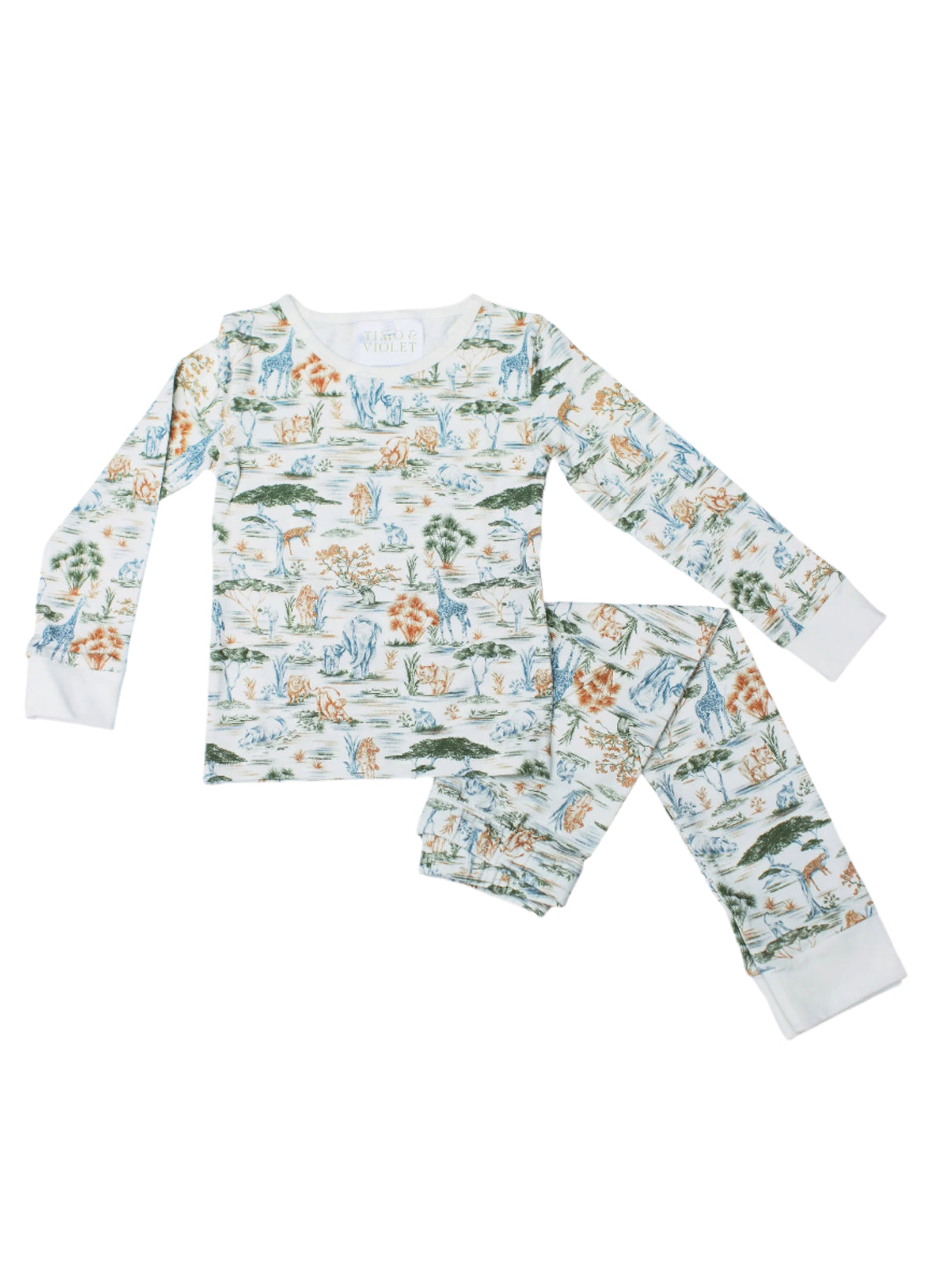 Flat lay of Two Piece Pajamas in Wilderness Spirit showing long-sleeve top and pants with wildlife print on white background