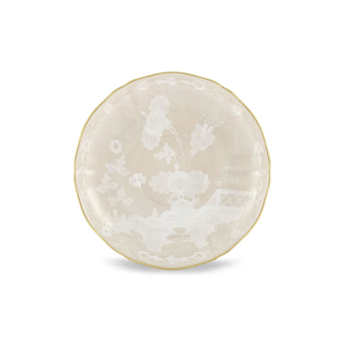 Top view of Oriente Italiano Antico Doccia Coffee Saucer in Meringa showcasing floral motifs and gold-plated rim